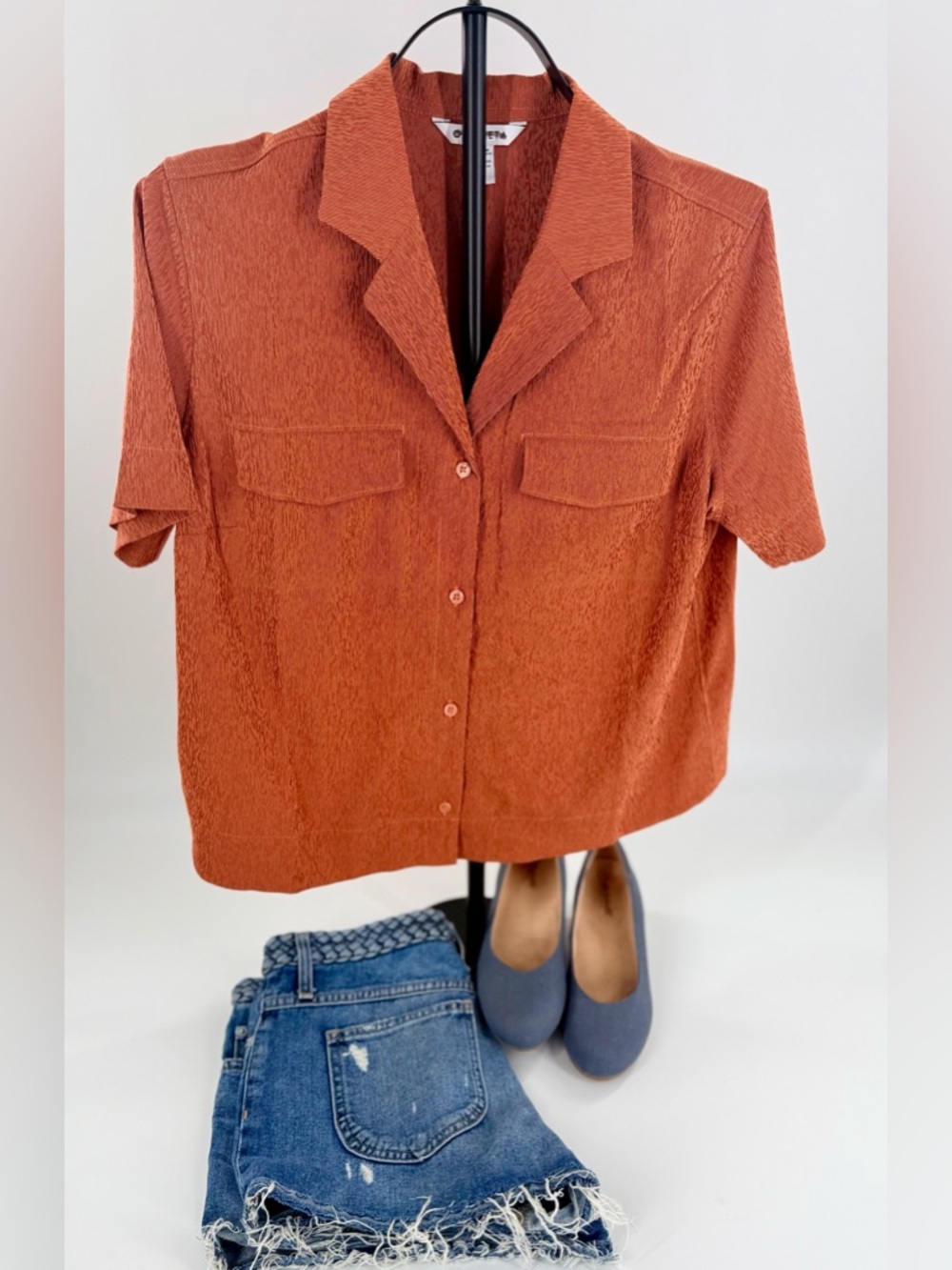 Athleta Top Women Medium Burnt Orange Textured Button Up Camp Shirt Short Sleeve - Picture 2 of 7
